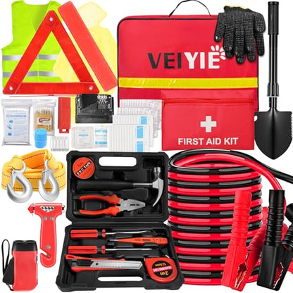 Roadside Car Emergency Kit, Winter Car Safety Kit with 10FT Jumper Cables, Tow Strap, Tool Kit, Reflective Warning Triangle, Road Trip Essentials, for New Drivers, Teens - color: Red, size: Essential Kit + Repair Tool Set
