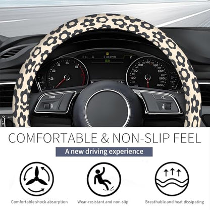 Steering Wheel Covers for Car, Truck, and SUV, Cute Non-Slip Breathable Elastic Steering Wheel, Car Accessories, Universal 15 Inch Leather Cover for Men Women Black Flower - color: Black Flower