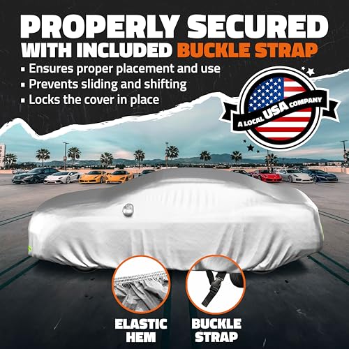 Mockins 185"x70"x60" Small Sedan Car Cover for Snow, Frost, UV, & Light Rain | All Weather 190T Polyester Outdoor & Indoor Car Covers for Automobiles | Water-Resistant Full Exterior Covers w/Strap - size: Sedan - Small - 185" X 70" X 60"