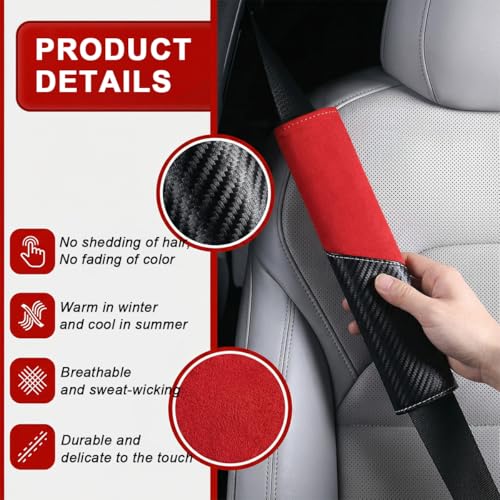 2PCS Car Seat Belt Cover, Soft Carbon Fiber Suede Breathable Vehicle Seat Strap Shoulder Cushion, Comfortable Automotive Interior Seatbelt Mat Pad, Universal for SUV Van RV (Black/Red) - color: Black/Red