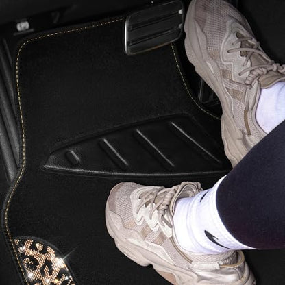 CAR PASS Bling Diamond Car Floor Mats, Shining Rhinestone Carpet Sparkly Glitter Crystal with Anti-Slip PVC Heel Pad Waterproof Universal Fit Automotive SUV,Sedan,Van,Cute Girl Women,4pcs Gold Leopard - color: Gold Leopard