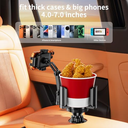 Phone Holders for Your Car, 2 in 1 Cup Holder Phone Mount with Expander, Secure Hold, Adjustable Base and Long Arm with 360°Rotation Car Phone Holder for 4-7‘’ devices and Up to 5.31'' Most Bottles