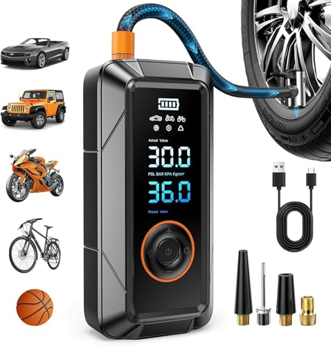 Tire Inflator Portable Air Compressor Portable Air Pump Cordless Bike Pump with Digital Dual Values Display 150 PSI Car Tires Pump with LED Lights Air Pump - color: Orange Black