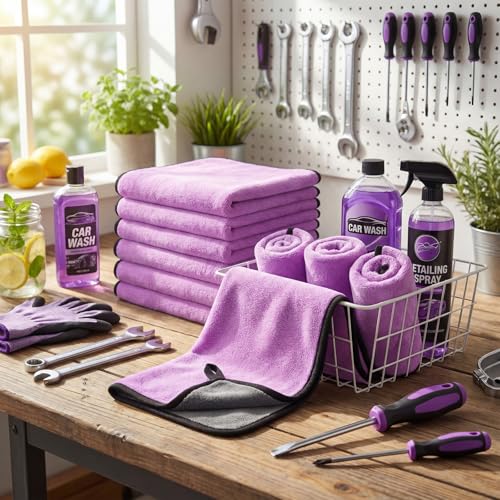 Tallew 12 Pcs Microfiber Towels for Cars, 800 GSM Plush Drying Cleaning Cloth Bulk, 16 x 16 Inch Thick Absorbent Wash Detailing Towels for Car Polishing, House, Kitchen Cleaning(Purple) - color: Purple