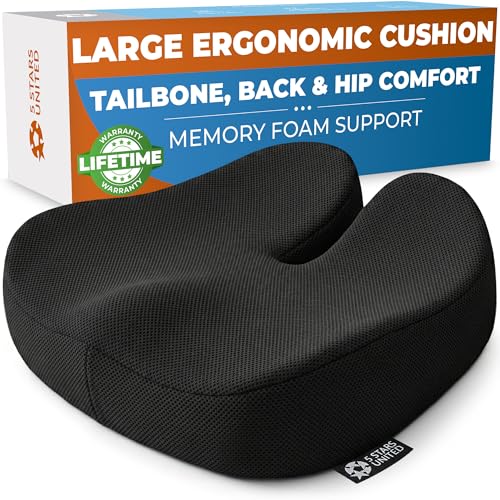 5 STARS UNITED Seat Cushion - Memory Foam Chair Cushion for Tailbone Pain Relief - Ergonomic Support for Coccyx, Sciatica & Butt - Office, Desk & Gaming Chair, Car Seat, Wheelchair, Black - color: Black Mesh, size: XX-Large