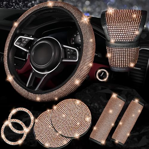 NBTEPEM 8 pcs Bling Car Accessories Set for Women, Steering Wheel Cover, Sparkly Seat Belt Covers, Bling Gear Shift Cover, Universal Fit Most Cars (Gold Champagne Diamond) - color: Gold Champagne Diamond, size: Steering Wheel Cover Set