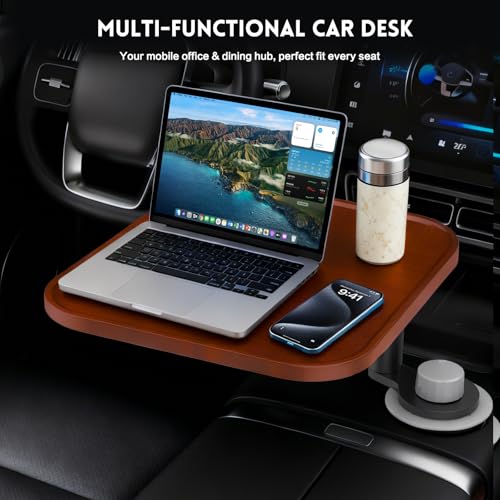 360° Rotation Car Desk for Laptop, Height-Adjustable Cup Holder Table, Wooden Car Food Tray & Laptop Mount Compatible with Tesla Model Y/3/S, Ford F150/Explorer/Maverick & Most Vehicles (Warm Walnut) - color: Warm Walnut