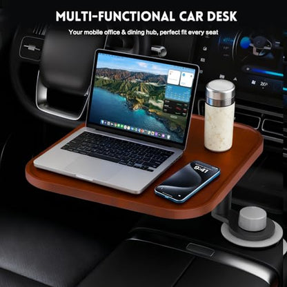 360° Rotation Car Desk for Laptop, Height-Adjustable Cup Holder Table, Wooden Car Food Tray & Laptop Mount Compatible with Tesla Model Y/3/S, Ford F150/Explorer/Maverick & Most Vehicles (Warm Walnut) - color: Warm Walnut