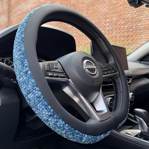 PINCTROT D Shaped Chenille Leather Steering Wheel Cover, Soft Mottled Colors, Sweat-Proof, Non-Slip Grip, All-Season Comfort, Flat Bottom 14.5-15 Inch(Mottled Blue) - color: 5.Blue, size: D Shaped/Flat Bottom[14 1/2''-15'']
