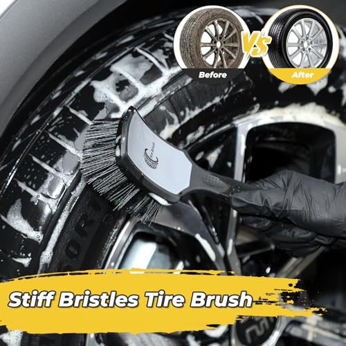 Wheel and Tire Brush Detailing Kit, Soft Rim Brush & Stiff Tire Brush with Silicone Bumper Guard, Non-Slip Ergonomic Handle Car Wash Set for Alloy Wheels, Fenders, Mats - color: BLACK gray
