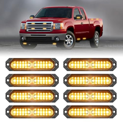 HLauto 1200T Emergency Strobe Grille Lights: 8pcs 12 LED Sync Feature Safety Warning Flashing Lights, Ultra Slim Surface Mount Hazard Caution Lights for Trucks, Vehicles, Car, ATV, UTV (Amber) - color: Amber