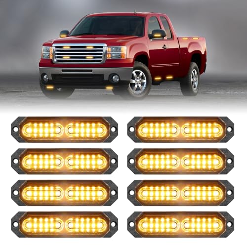 HLauto 1200T Emergency Strobe Grille Lights: 8pcs 12 LED Sync Feature Safety Warning Flashing Lights, Ultra Slim Surface Mount Hazard Caution Lights for Trucks, Vehicles, Car, ATV, UTV (Amber) - color: Amber