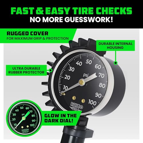 Rhino USA Tire Pressure Gauge with Inflator (0-100 PSI) - Heavy Duty Air Chuck and Compressor Accessories with Stainless Braided Hose, Large Analog Dial and Solid Brass Hardware for Truck and RV - style: 100psi Analog