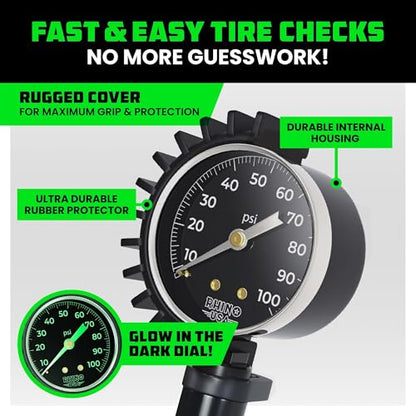 Rhino USA Tire Pressure Gauge with Inflator (0-100 PSI) - Heavy Duty Air Chuck and Compressor Accessories with Stainless Braided Hose, Large Analog Dial and Solid Brass Hardware for Truck and RV - style: 100psi Analog