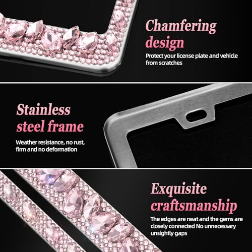 OKLPF Rhinestone Bling License Plate Frames for Women - Sparkle with Glitter Crystals & Diamond Bedazzled License Plate Cover, Fits Standard US Plates, Comes with Anti-Theft Screws & Gift Box(Pink) - color: Pink, size: 2pc