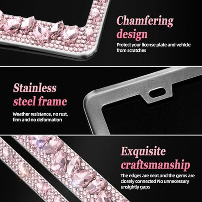 OKLPF Rhinestone Bling License Plate Frames for Women - Sparkle with Glitter Crystals & Diamond Bedazzled License Plate Cover, Fits Standard US Plates, Comes with Anti-Theft Screws & Gift Box(Pink) - color: Pink, size: 2pc