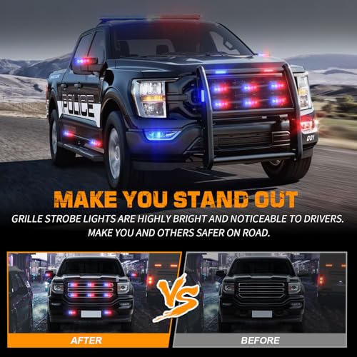 XRIDONSEN 8PCS Sync Grill Police Lights for Truck 32 LED Red Blue Emergency Strobe Lights Flashing Warning Hazard Caution Safety Surface Mount Grille Light for Law Enforcement Vehicles Pickup Car SUV