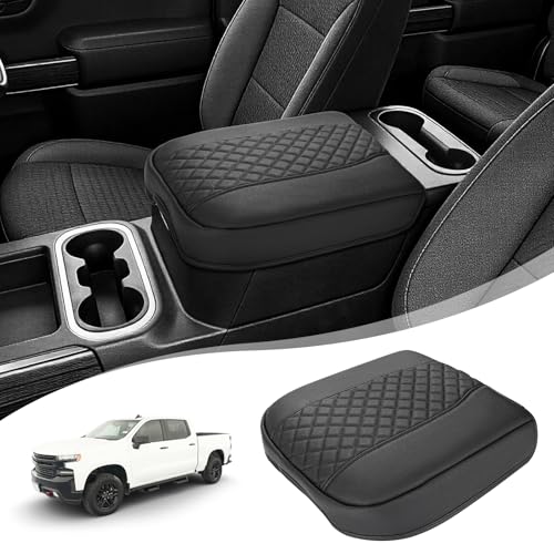 Center Console Armrest Cover for Chevy Chevrolet Silverado 1500/GMC Sierra 2019-2026, Tahoe/Suburban/Yukon 2021-2026, PU Leather Middle Console Lid Protector Arm Rest Cushion Thick Pad(Bucket Seat) - color: Black Cusion, size: Bucket Seat, Silverado & Sie