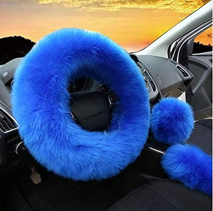 Yontree Fashion Fluffy Steering Wheel Covers for Women/Girls/Ladies Australia Pure Wool 15 Inch 1 Set 3 Pcs (Blue) - color: Blue, size: Long Wool