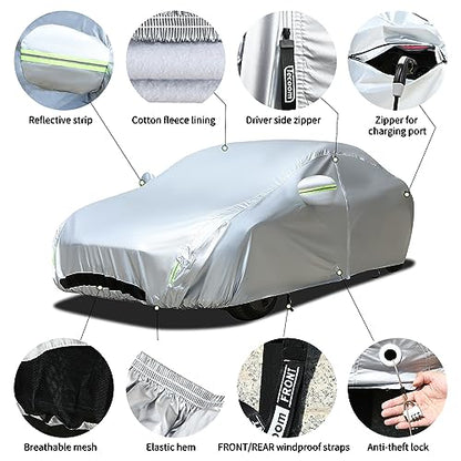 TECOOM Car Cover Fit for Tesla Model 3 - Waterproof All Weather, 2017-2023 Model 3 Cover with Fleece Lining, Ventilated Mesh, Charge Port Opening, Zipper Door, Trunk Opening - size: Tesla: Model 3