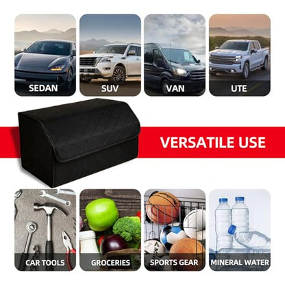 Leather Trunk Organizer for SUV & Sedans - Extra Large Foldable Car Storage Box with Lid, Adjustable Removable Dividers and Carry Handle, Collapsible Auto Cargo Organizer Black
