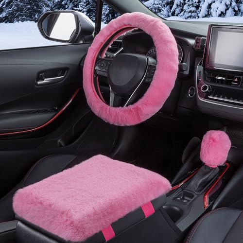 SEG Direct Auto Center Console Cover, Furry Car Armrest Cover, Soft Fluffy Middle Console Pad, Car Armrest Seat Box Cover for Women Men, Universal Fit for Most Vehicle, SUV, Truck, Car (Pink) - color: Pink