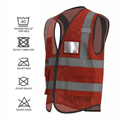 caparazon Unisex High-Visibility Reflective Safety Vest with Zippered Pockets - ANSI/ISEA Certified for Enhanced Work Safety - color: Red Mesh