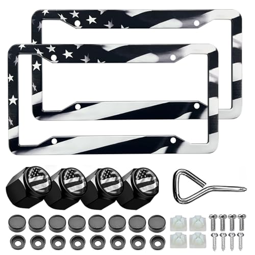 Black American Flag License Plate Frames - 2 Pack Patriotic Aluminum Metal Matte Gloss Stars Stripe US Flag Car Tag Plate Frame Holder Covers with 4 Fluttering Flag Car Valve Caps and Screws - color: Black US flag