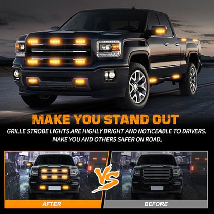 XRIDONSEN 8PCS Sync Grill Strobe Lights 32 LED Amber Strobe Lights Grille Surface Mount Emergency Flashing Warning Hazard Caution Safety Light for Tow Plow Trucks Construction Vehicles Car Wreckers - color: Amber