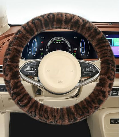 Fluffy Cheetah Car Steering Wheel Cover Luxurious Faux Fur Leopard Print Cute Wheel Protector Universal 15 Inch Fit for Vehicle, Car, Auto, SUV Winter Warm (Coffee) - color: Coffee