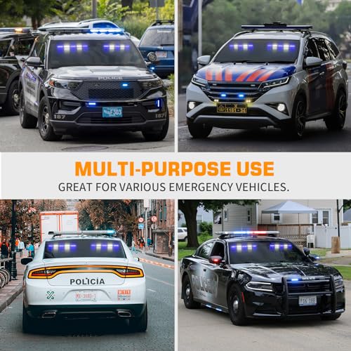 XRIDONSEN 2x 17 inch Blue White Emergency Dash Strobe Lights Bar 40 LED Interior Front/Rear Windshield Lights Safety Flashing Warning Hazard w/Suction Cups for Police Firefighter Vehicles Trucks Car - color: Blue/White