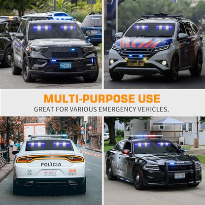 XRIDONSEN 2x 17 inch Blue White Emergency Dash Strobe Lights Bar 40 LED Interior Front/Rear Windshield Lights Safety Flashing Warning Hazard w/Suction Cups for Police Firefighter Vehicles Trucks Car - color: Blue/White