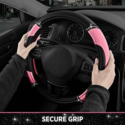 Road Comforts Leather Steering Wheel Cover - Made with PVC Leather - Anti-Slip, Universal Fit 14 1/2 inches to 15 inches - Pink - color: Pink
