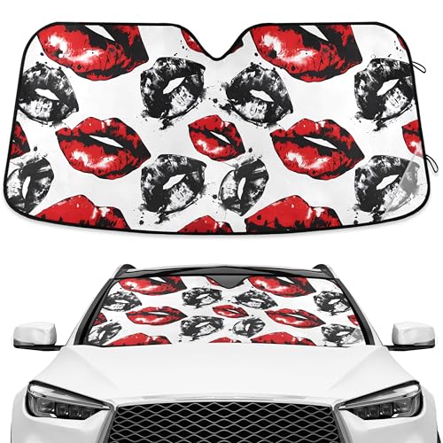 Leopard Lip Red Color Heart Windshield Sunshade Car Sun Shade Blocks UV Rays Visor Protector Accordion Folding Sun Reflector Auto Sunshade for Truck SUV - color: C009