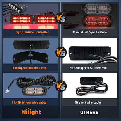 Nilight 4PCS LED Strobe lights 12V 24V Sync Feature Red 24LED Emergency Hazard Warning Lights with Controller Hard Wire or Cigarette Lighter Plug for Car Truck RVs Campers - color: Red w/Controller