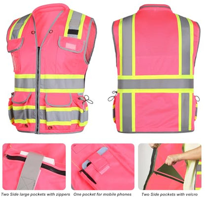 HYCOPROT Reflective Safety Vest Class 2 High Visibility Heavy Duty Construction Vest with Padded Neck,Meet ANSI/ISEA Standard - color: Pink, size: Medium