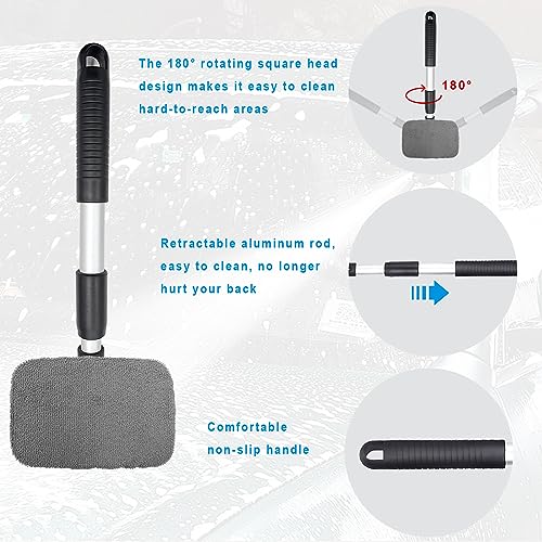 Ziciner Car Windshield Cleaner, Microfiber Auto Cleaning Wiper with Aluminum Extendable Handle and 2 Washable Reusable Cloth Pad Head, Universal Car Interior Exterior Cleaner Kit (Gray-Rectangle) - size: Gray-Rectangle