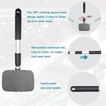 Ziciner Car Windshield Cleaner, Microfiber Auto Cleaning Wiper with Aluminum Extendable Handle and 2 Washable Reusable Cloth Pad Head, Universal Car Interior Exterior Cleaner Kit (Gray-Rectangle) - size: Gray-Rectangle