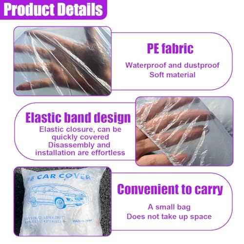 4PCS Disposable Car Cover, 12. 5 x 21. 7Ft Waterproof Clear Plastic Full Car Cover with Elastic Band, Universal Dustproof Auto Protective Cover, Car Exterior Accessories for Sedan, Truck, SUV