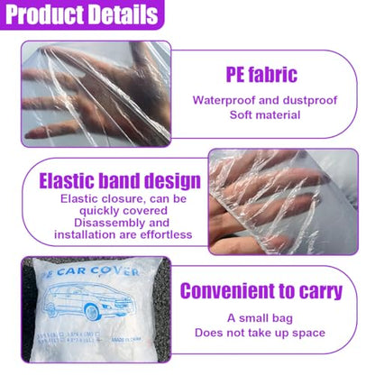 4PCS Disposable Car Cover, 12. 5 x 21. 7Ft Waterproof Clear Plastic Full Car Cover with Elastic Band, Universal Dustproof Auto Protective Cover, Car Exterior Accessories for Sedan, Truck, SUV
