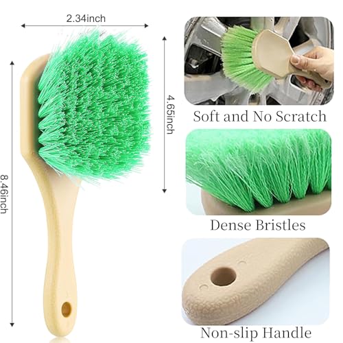 Wheel Rim Tire & Carpet Cleaning Brush Set, Soft & Stiff Bristle Wash Cleaning Supplies Kit for Car All Exterior Surface and Car Interior Cleaning Brush for Car Truck SUV RV Motorcycle (Green)