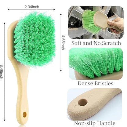 Wheel Rim Tire & Carpet Cleaning Brush Set, Soft & Stiff Bristle Wash Cleaning Supplies Kit for Car All Exterior Surface and Car Interior Cleaning Brush for Car Truck SUV RV Motorcycle (Green)
