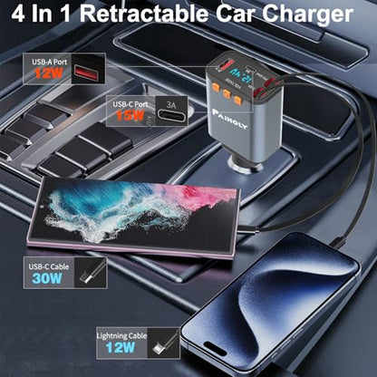 Bluetooth 5.3 Car Adapter, FM Transmitter Bluetooth Car Charger, 4 in 1 Retractable Car Charger, Phone USB C PD Fast Charging Adapter for RV SUV Truck, Fit iPhone 17/16/15/14 (Type C & Lightning)