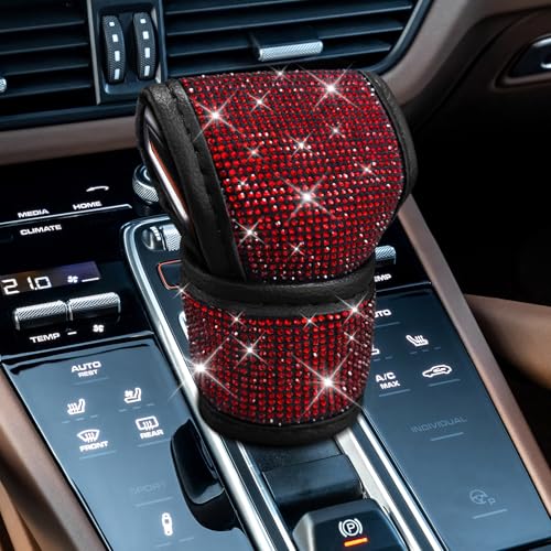 Crystal Auto Gear Shift Cover Bling Car Accessories, Shift Knob Cover, Leather Car Knob Gear Stick Protector with Rhinestones, Auto Diamond Shifter Lever Protector for Most Vehicles (Red) - color: Red