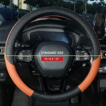 LABBYWAY Car Steering Wheel Cover, Leather, Universal 15 Inch Fit, Anti-Slip & Odor-Free,Brown - color: black&brown