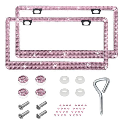 DXNQ 2PCS Bling License Plate Frame, Sparkly Rhinestone Diamond License Plate Cover with Crystal Screws Caps, Glitter Crystal Stainless Steel License Plate Holder for Women (Light Pink) - color: Light Pink, 2PCS