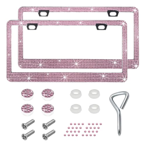 DXNQ 2PCS Bling License Plate Frame, Sparkly Rhinestone Diamond License Plate Cover with Crystal Screws Caps, Glitter Crystal Stainless Steel License Plate Holder for Women (Light Pink) - color: Light Pink, 2PCS