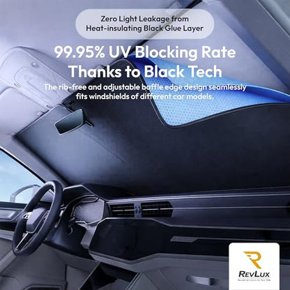 RevLux Car Windshield Sun Shade SUV & Sedan – UPF 2000+ Sun Protection & 99.95% UV Blocking Ice-Core Cooling Fabric | Zero Light Leakage Black Glue Layer | Heat Insulation Car Sun Shade (51"x31") - size: Small – Compact Cars (51"x31")