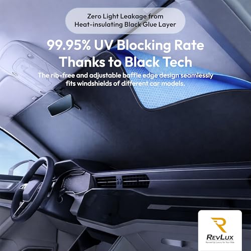 RevLux Car Windshield Sun Shade SUV & Sedan – UPF 2000+ Sun Protection & 99.95% UV Blocking Ice-Core Cooling Fabric | Zero Light Leakage Black Glue Layer | Heat Insulation Car Sun Shade (59"x33") - size: Large – SUV Fit (59"x33")