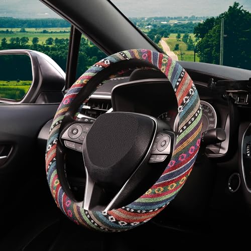SEG Direct Boho Steering Wheel Cover with Baja Blanket Cloth, Ethnic Style Auto Wheel Cover Made of Coarse Flax, Fits 14 1/2-15 1/4 inches Car Wheel - color: Bohemian Dreams